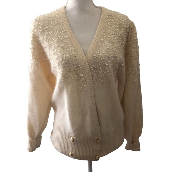 Vintage Sideffects Cream Knit Lambswool Angora Rabbit Hair Sweater Pearls M - Picture 7 of 9